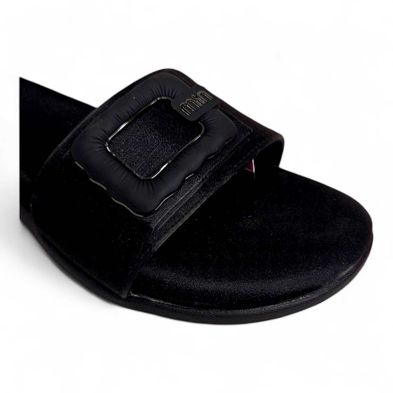 Close-up of Side Square Buckle on Black Open Toe Flats Sliders