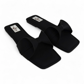 Stylish Black Full Flats Sliders with Bow Pattern | Open Toe Footwear