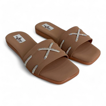 Stylish Brown Open Toe Flats Sliders with 2 Diamond Cross Strips | Comfortable Footwear