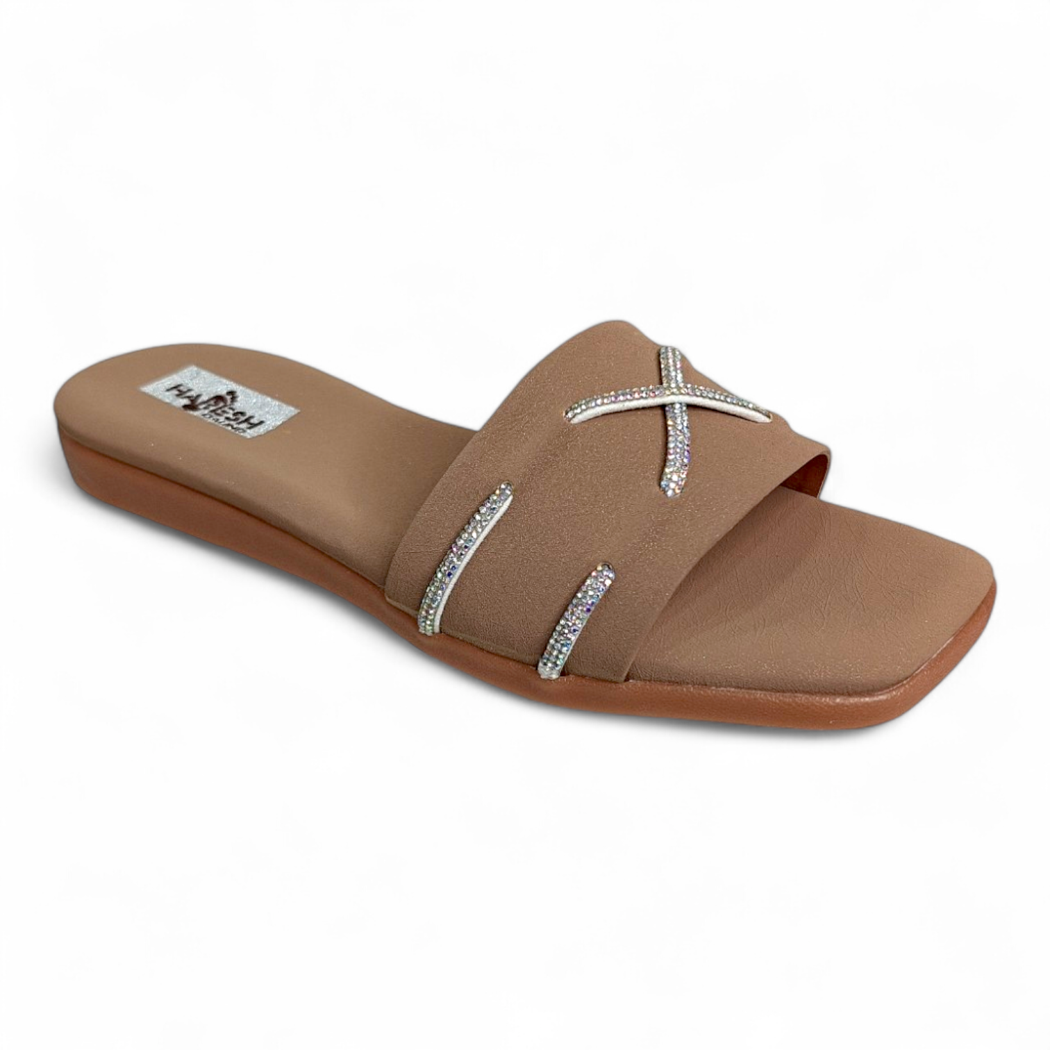 Brown Open Toe Flats Sliders with 2 Diamond Cross Strips on top