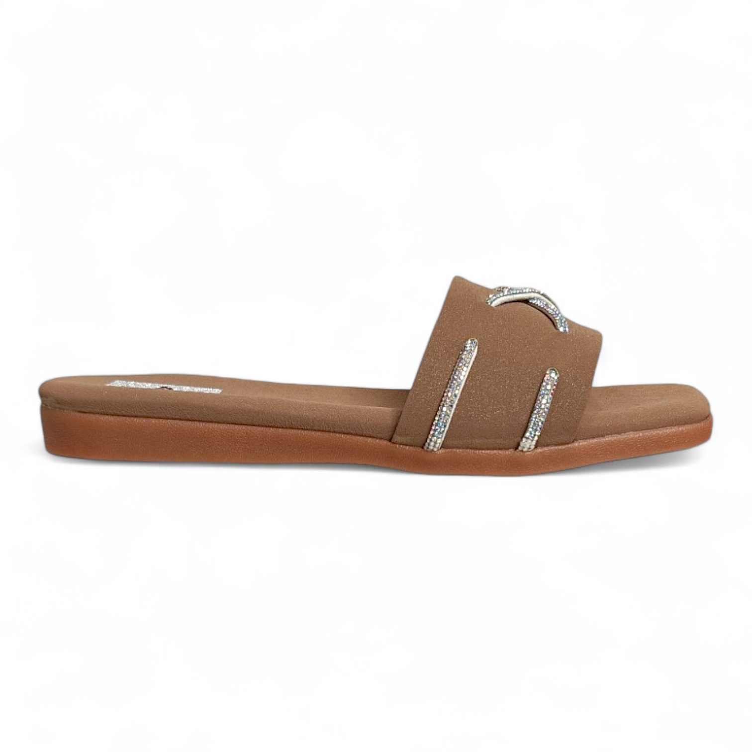 Side view of Brown Flats Sliders showcasing 2 Diamond Cross Strips