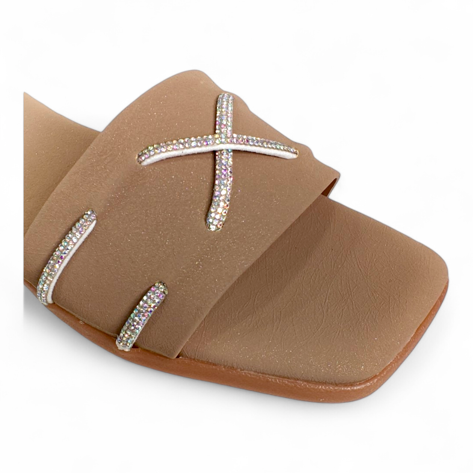 Close-up of 2 Diamond Cross Strips on Brown Open Toe Flats Sliders