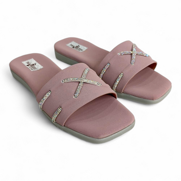 Lilac Open Toe Flats Sliders with 2 Diamond Cross Strips | Stylish Women's Footwear