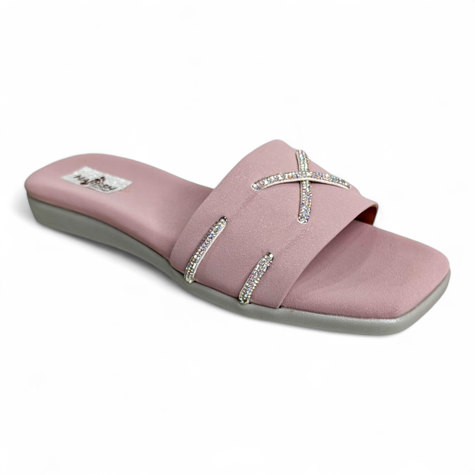 Lilac open toe flats sliders with 2 diamond cross strips on top