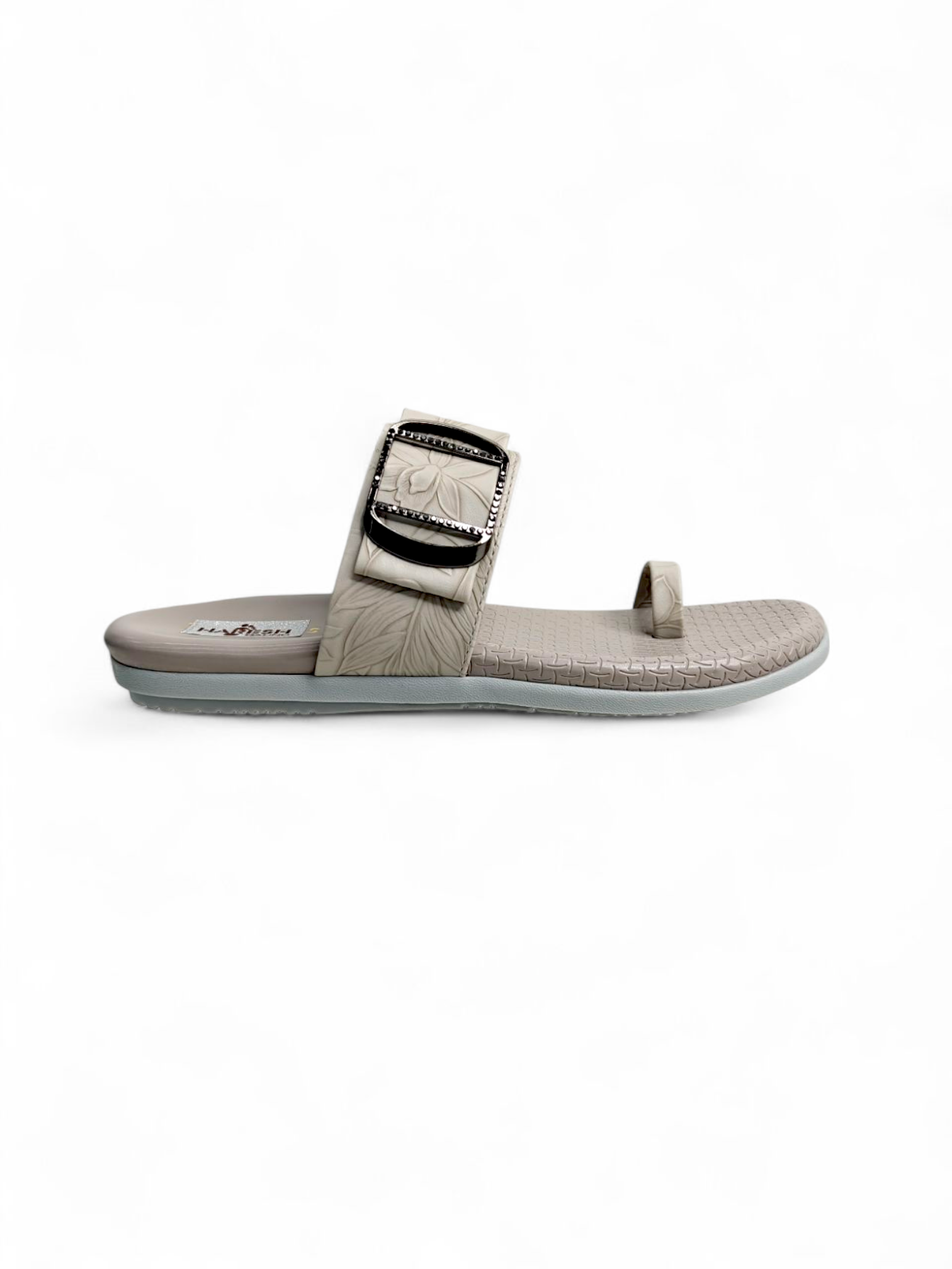 Floral buckle strap beige flat sandal side view