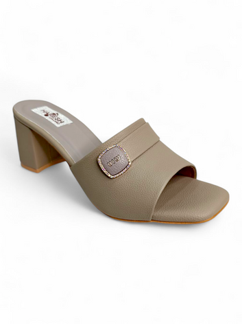 Beige Textured Block Heel Slip-On Sandals for Women