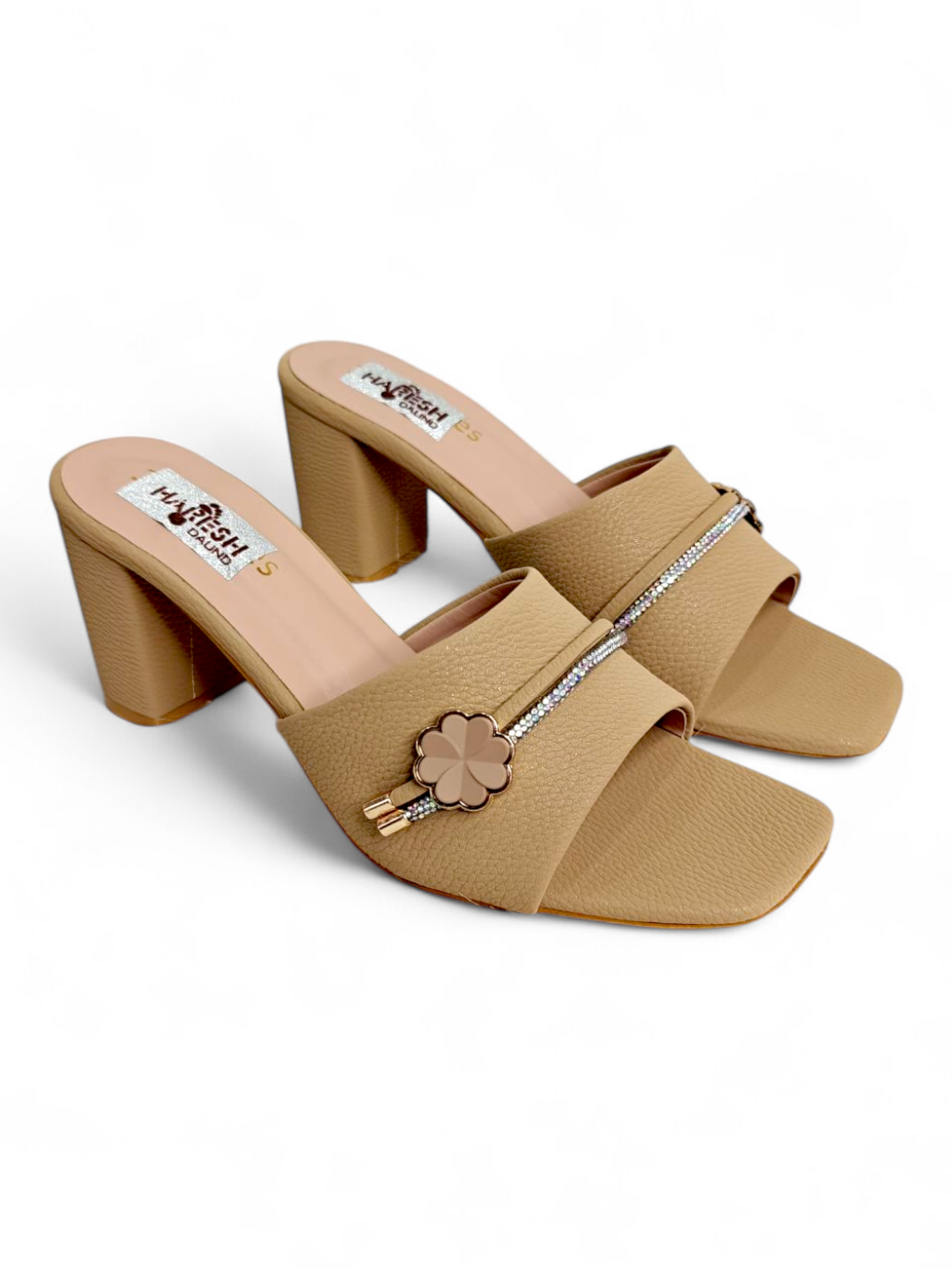 Stylish beige sandals with flower and crystal detail