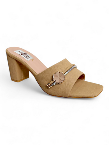 Beige Block Heel Slip-On Sandals with Floral Embellishment