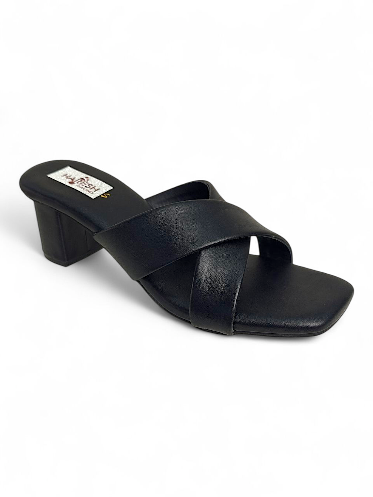 Women’s black slip-on heels with criss-cross design