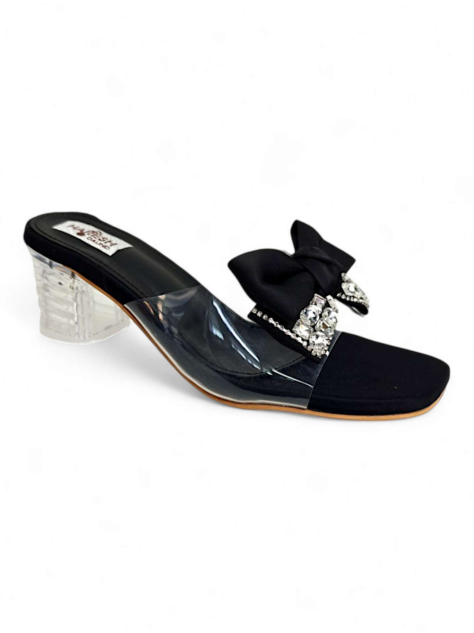 Black bow embellished women’s sandals with clear block heel and transparent strap
