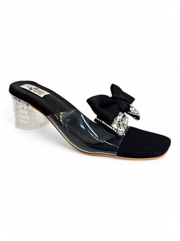 Black Bow Embellished Clear Block Heel Sandals for Women