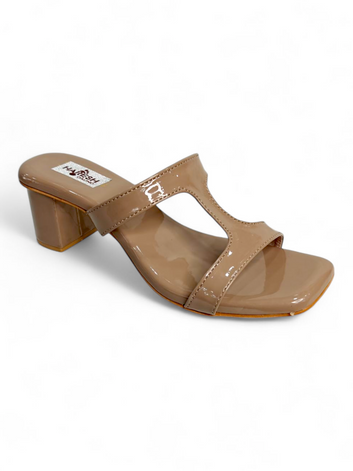 Beige Patent T-Strap Block Heel Sandals for Women
