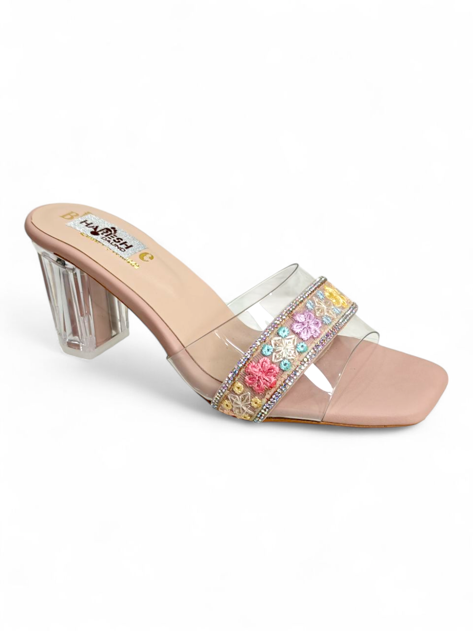 Clear strap floral block heels with colorful embroidery