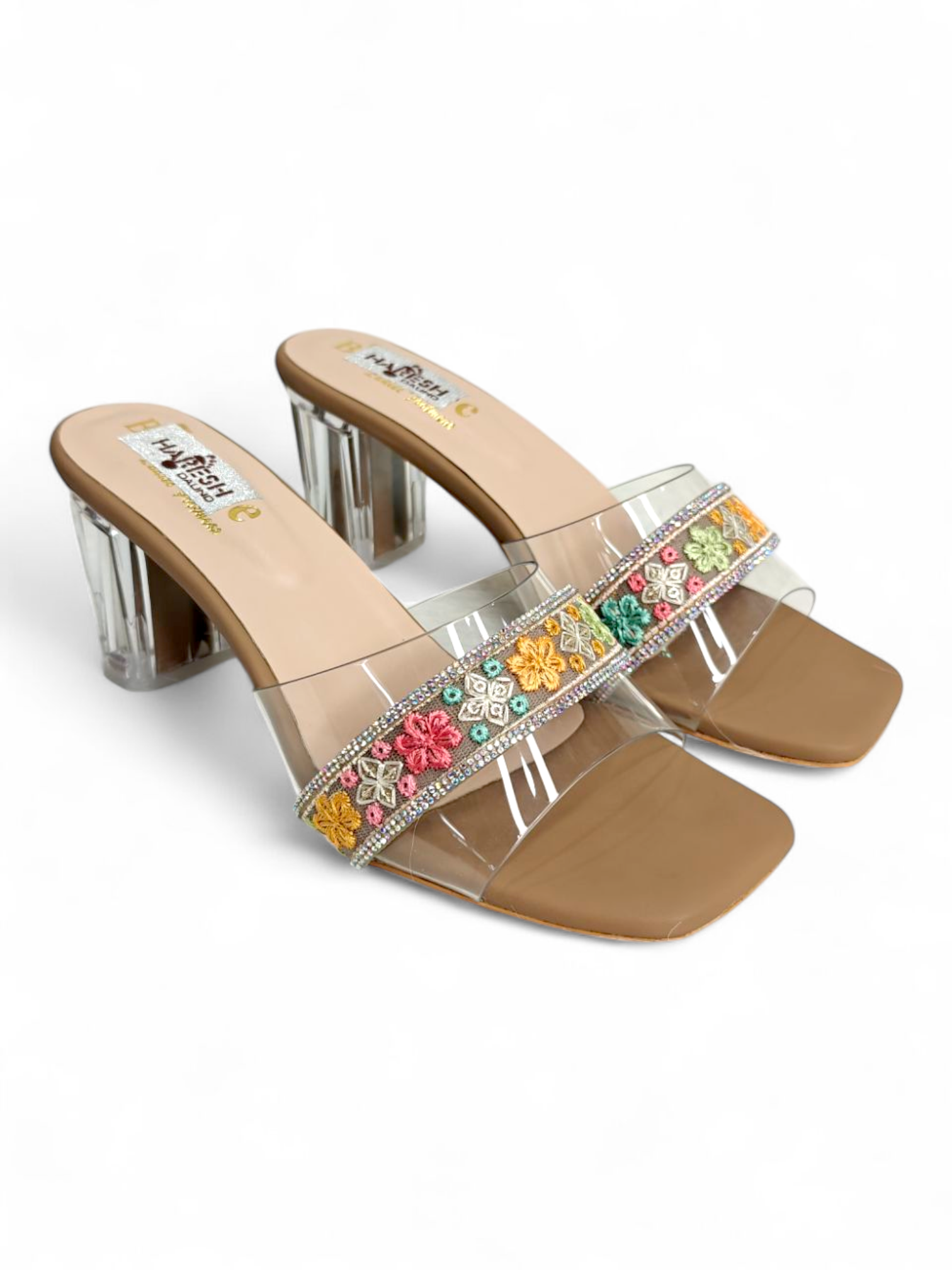 Stylish embroidered heels with transparent design