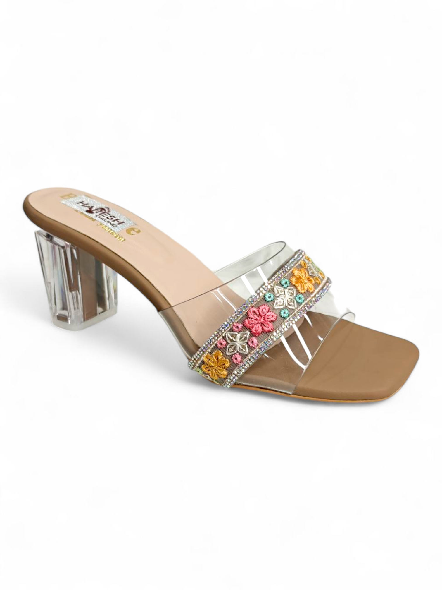 Multicolor floral heels with clear strap and block heel