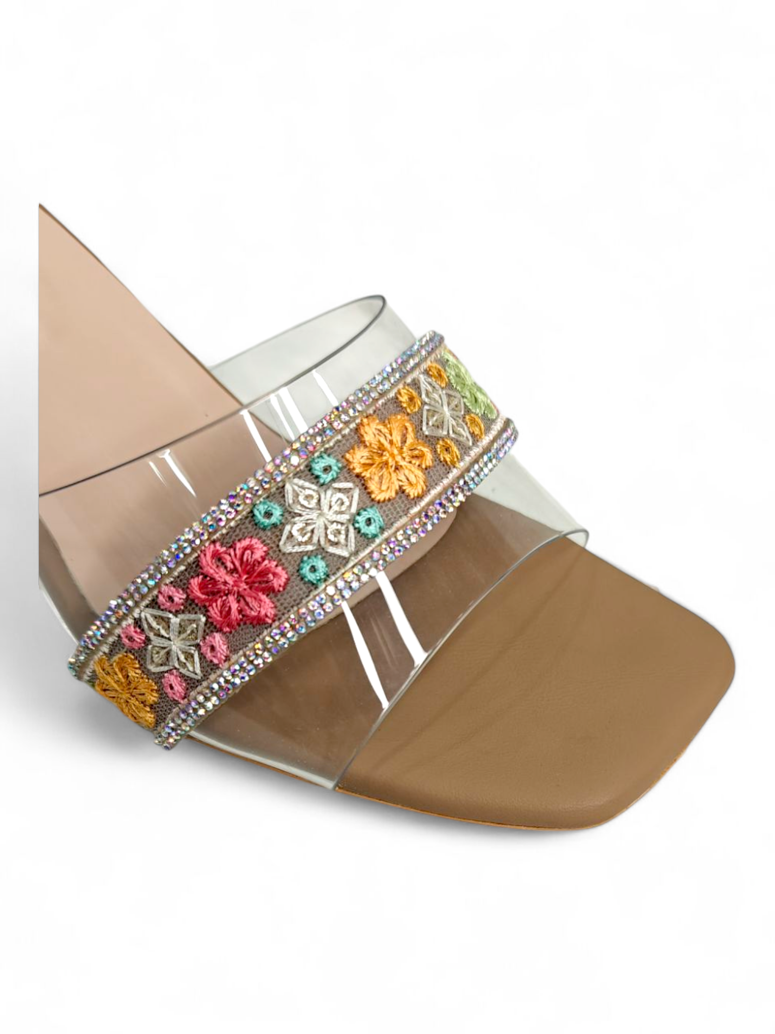 Elegant party wear sandals with embroidery and crystal detail