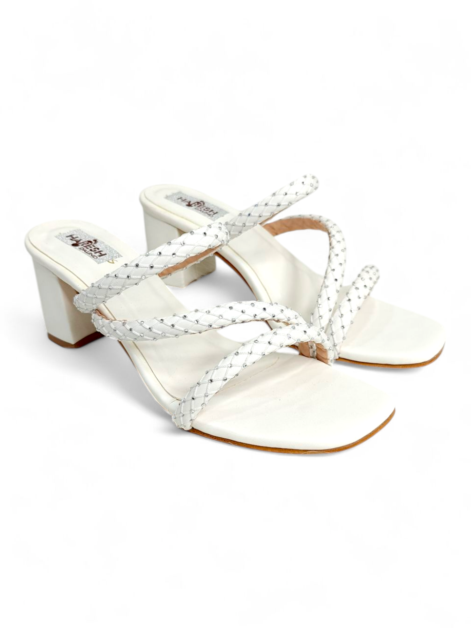 Top view showing white braided straps and toe-ring design on block heel sandals