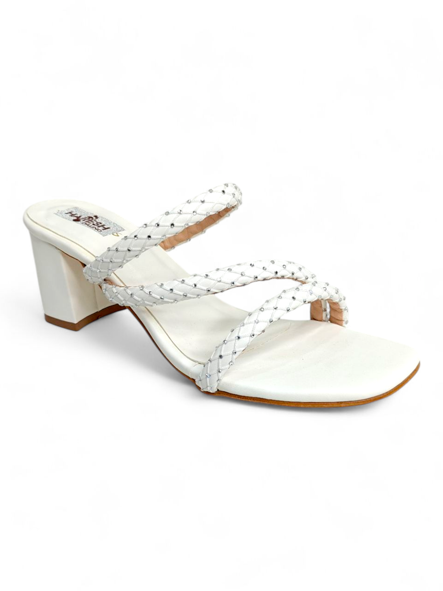 White braided multi-strap toe-ring block heel sandals for women