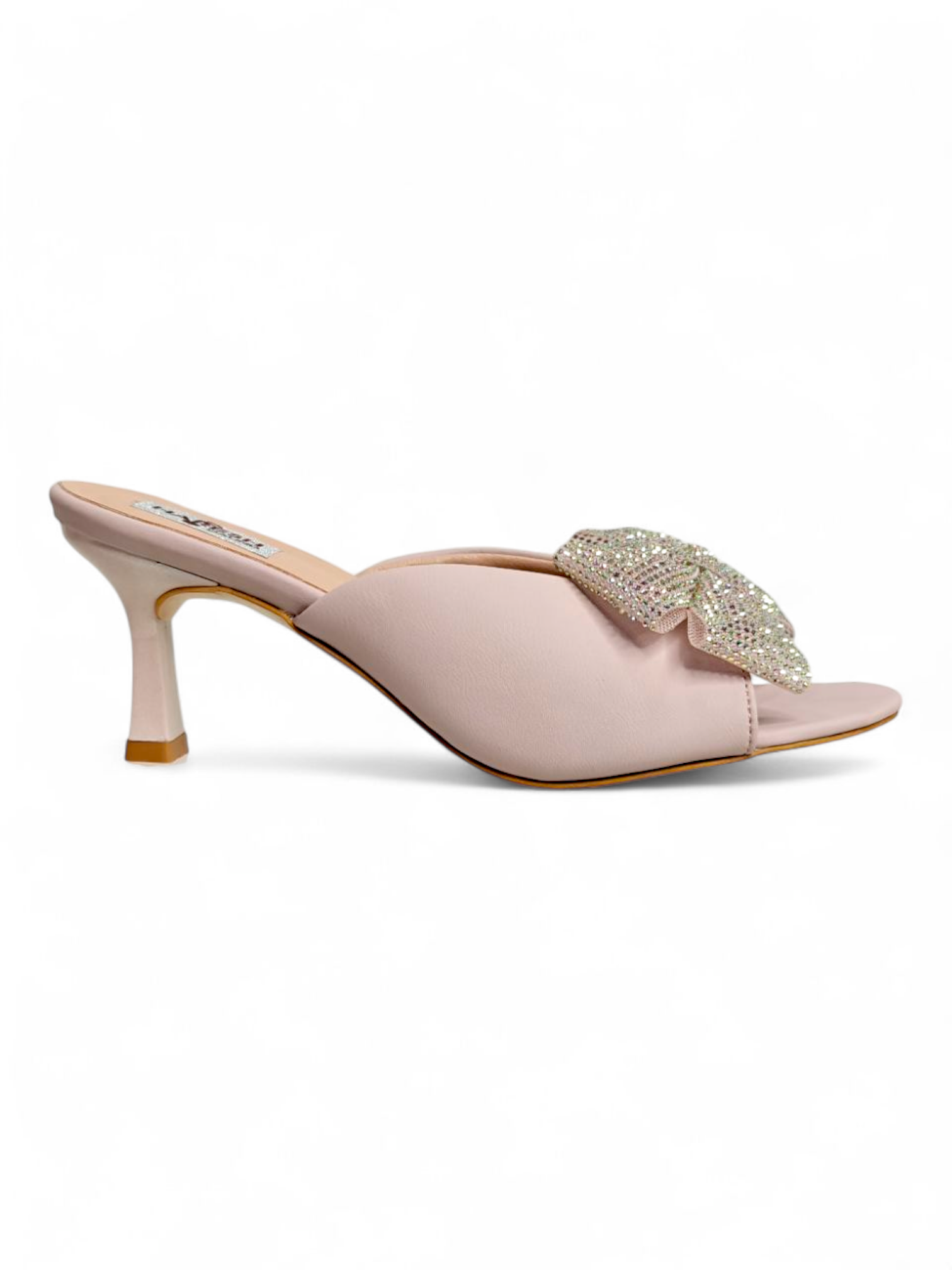 Elegant blush satin heels with sparkly bow detail