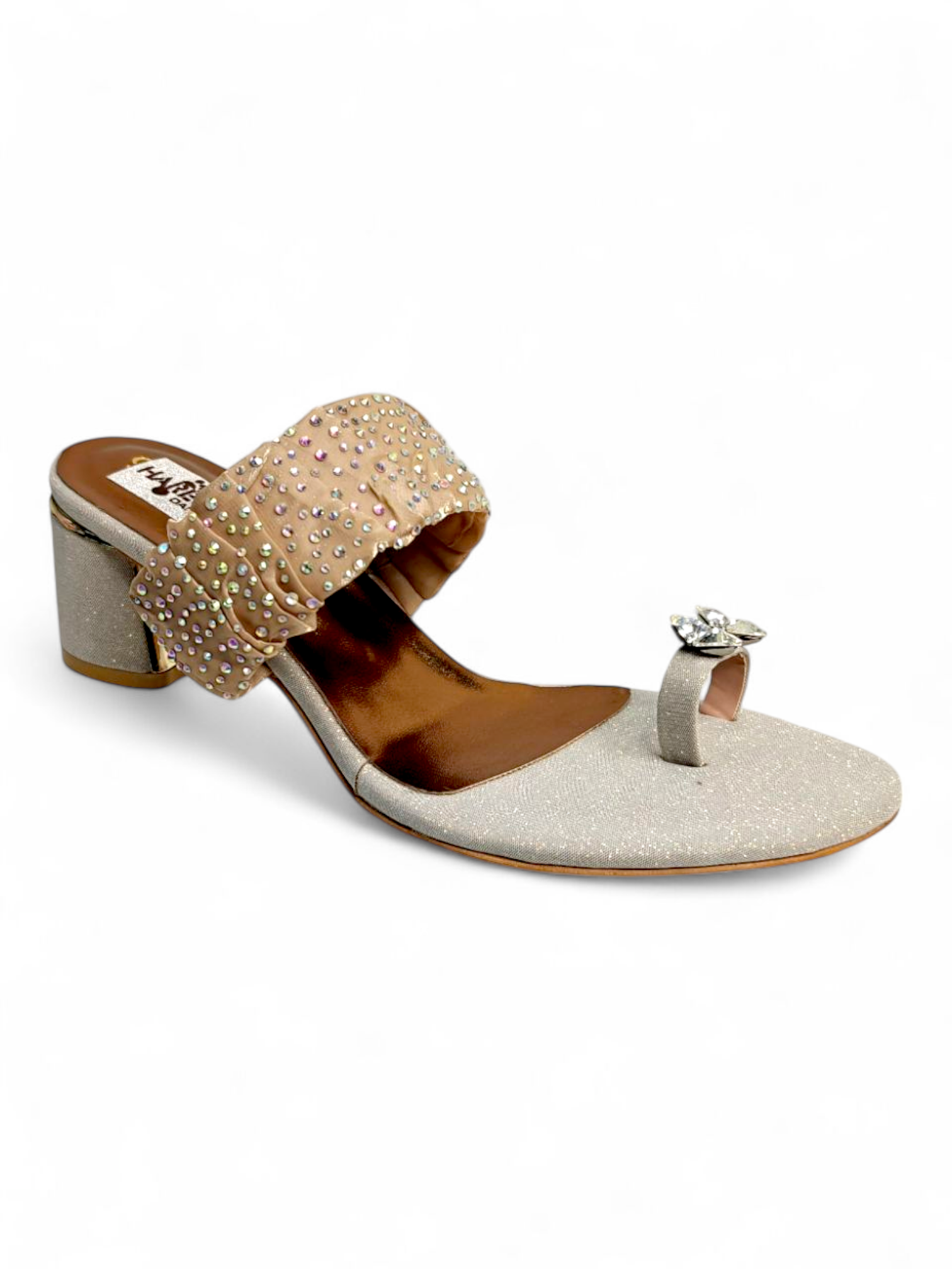 Ladies golden party sandals with crystal toe ring