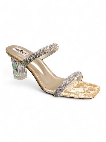 Gold Velvet Crystal Double Strap Sandals with Prism Clear Block Heel