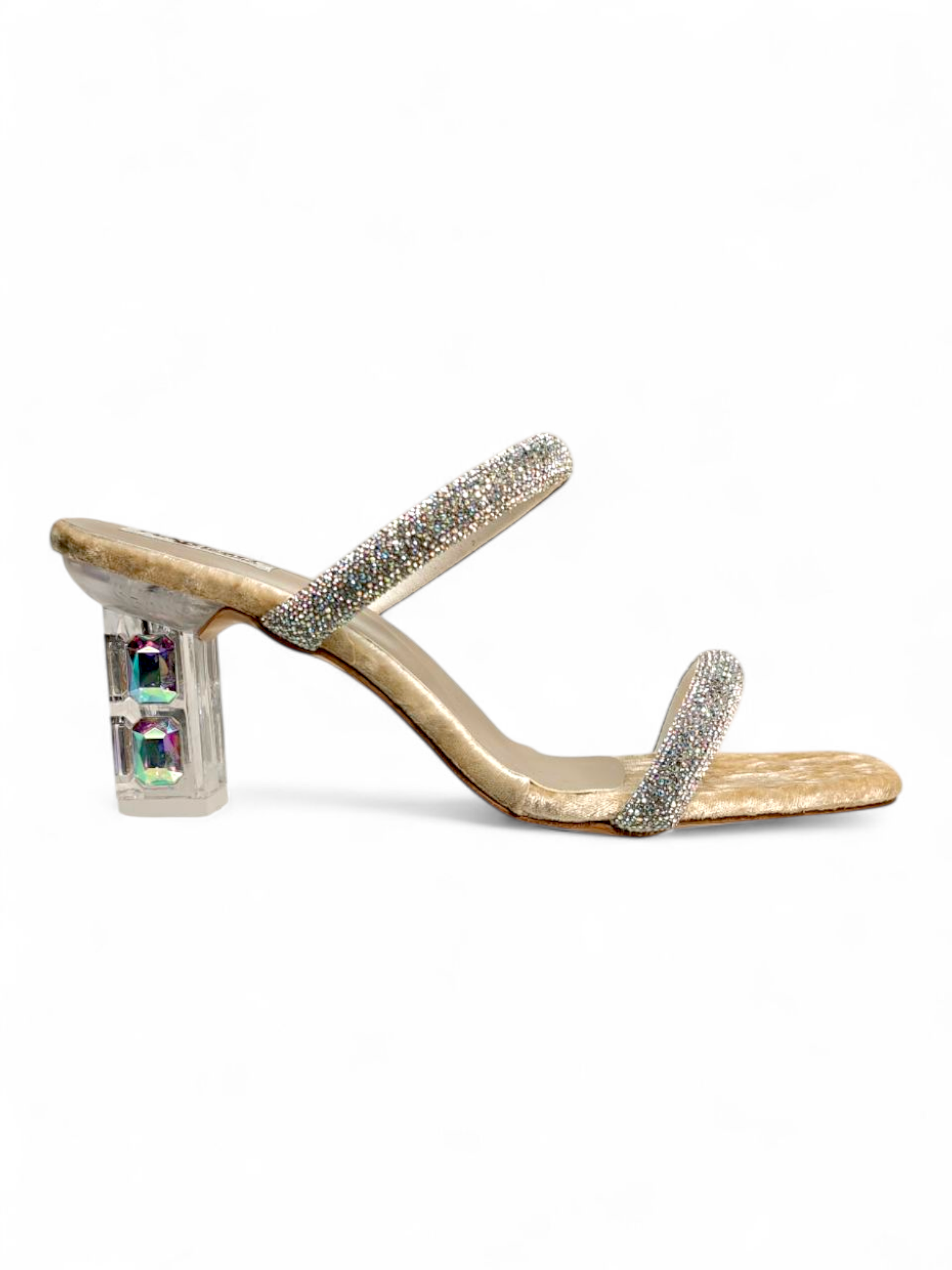 Side profile of gold velvet footbed sandals with crystal straps and clear heel