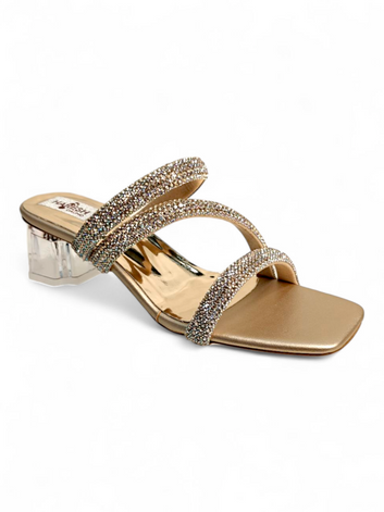 Gold Crystal Triple Strap Clear Block Heel Sandals for Women