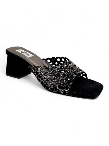 Black Cutwork Stone Embellished Block Heel Sandals for Women