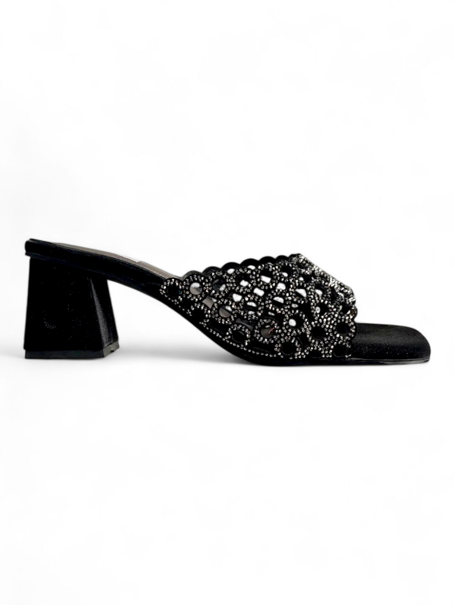 Side profile of black women’s block heel sandals with cutwork and stones
