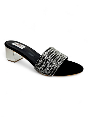 Black & Silver Embellished Block Heel Sandals for Women