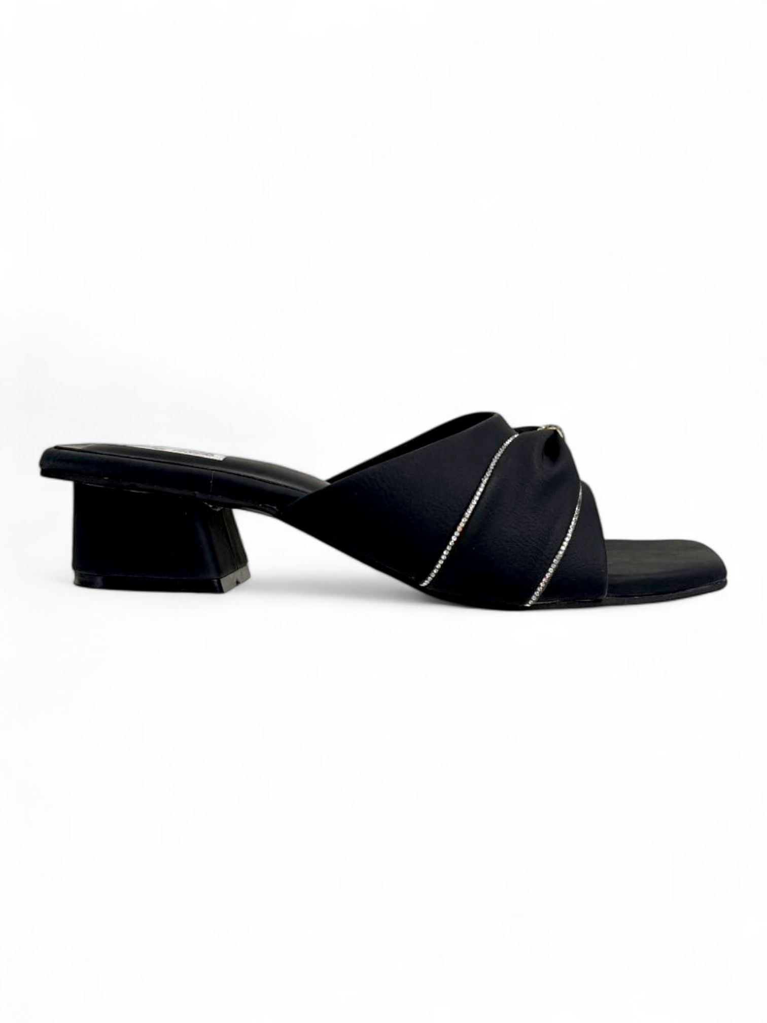 Side profile of black embellished block heel slip-on sandals for women