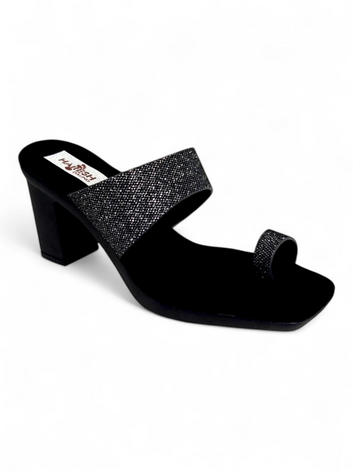 Black Toe-Ring Shimmer Strap Block Heel Sandals for Women