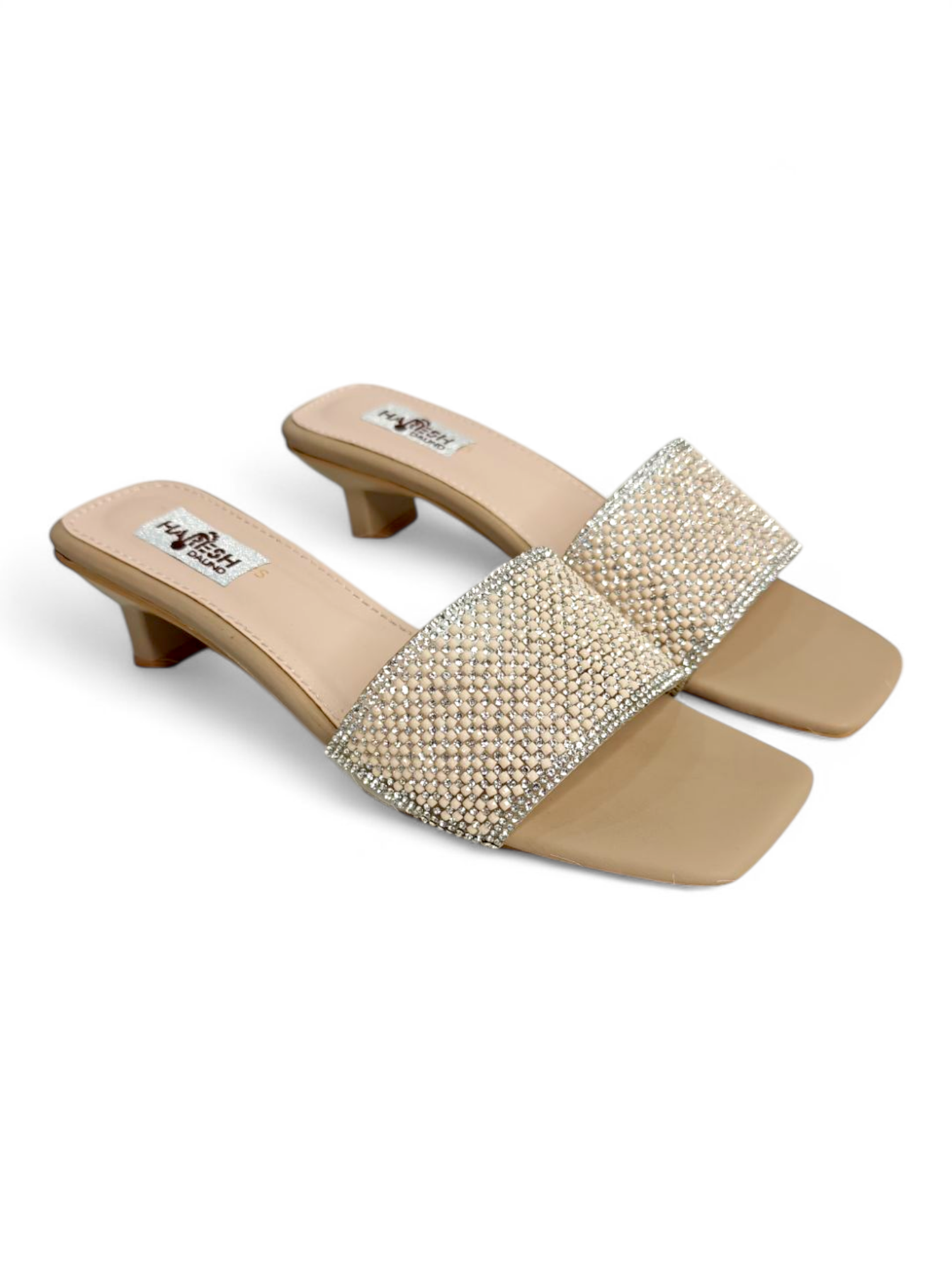Shimmering beige high heel sandals for festive wear
