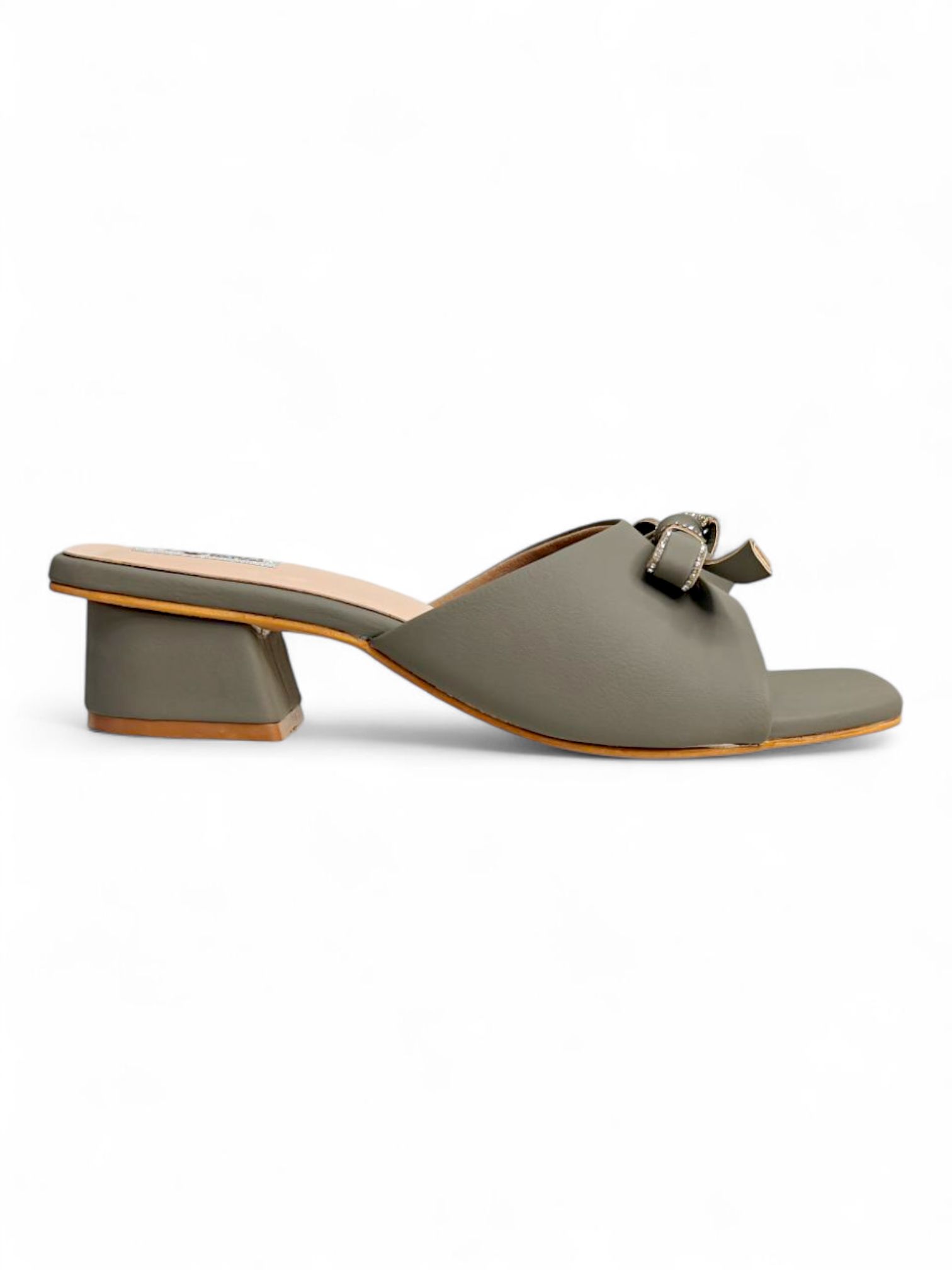 Side profile of olive block heel sandals with bow accent for women