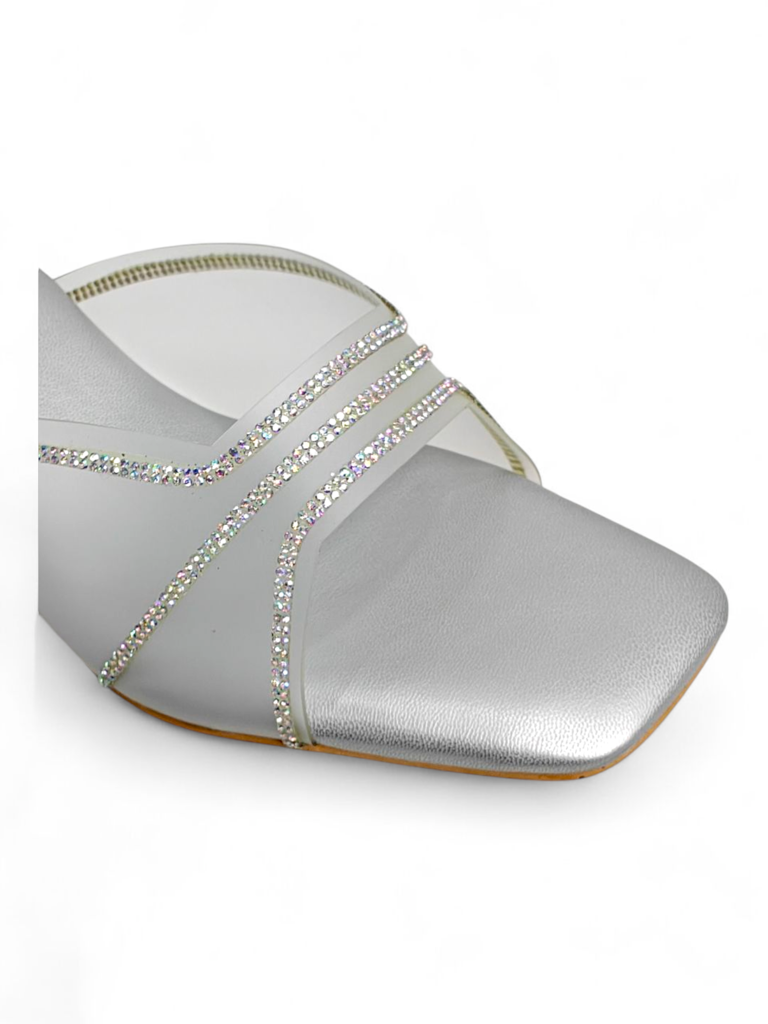 Close-up of shimmering criss-cross straps on silver block heel sandals