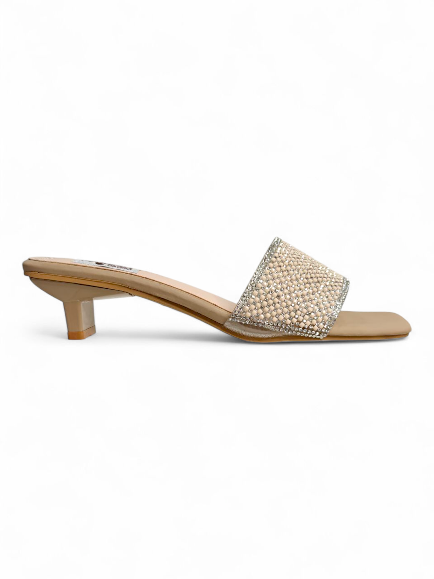 Elegant beige sandals with block heel and crystal design