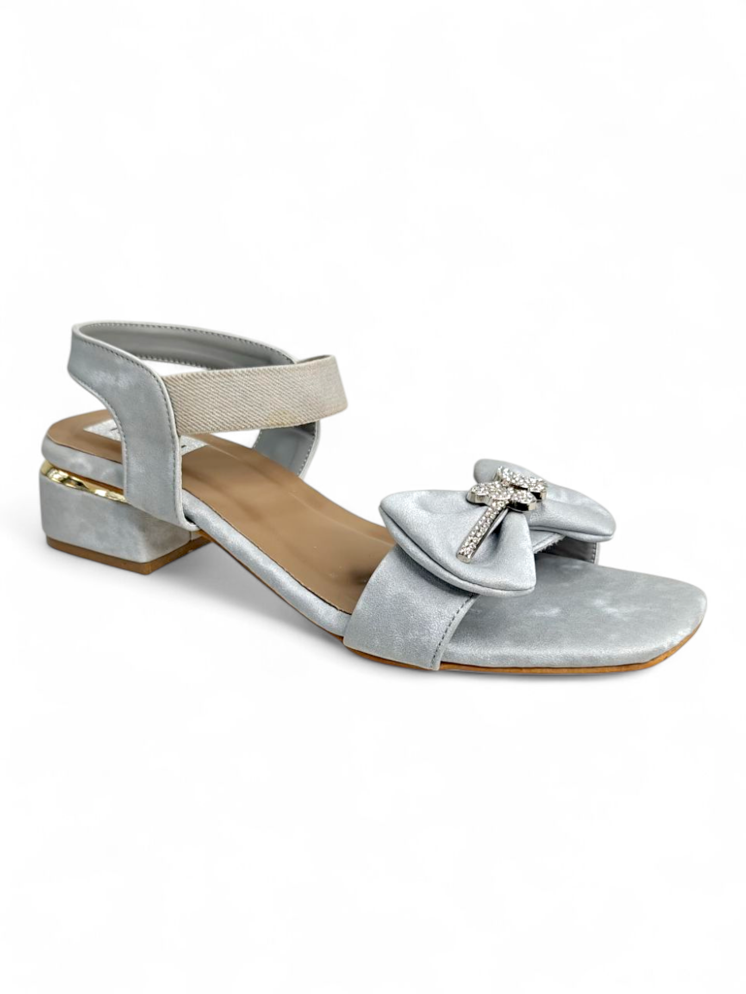 Close-up of embellished bow detail on silver velvet-finish women's sandals