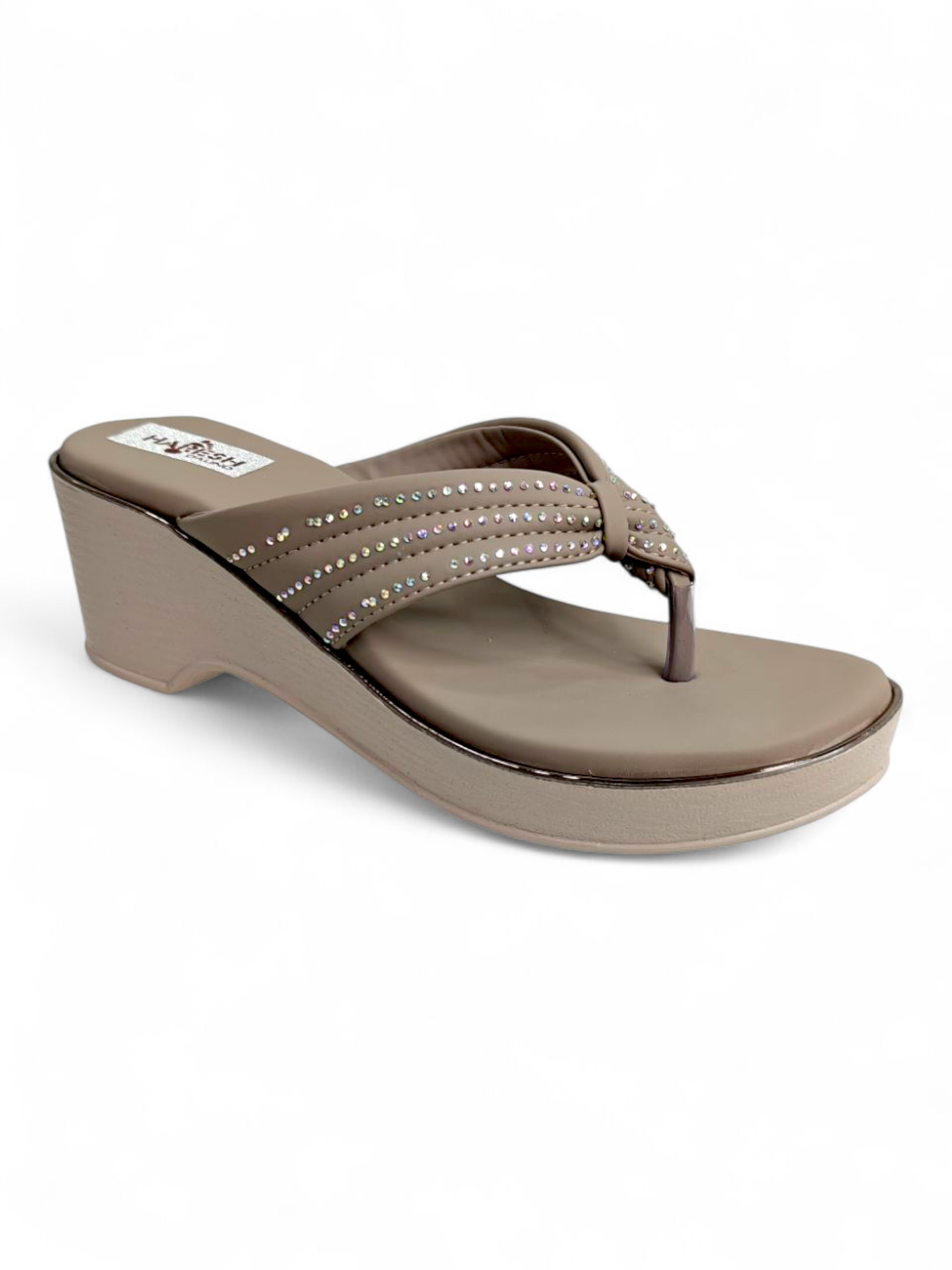 Women’s beige wedge slippers with rhinestone design