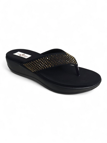 Black Embellished Wedge Thong Sandals for Women