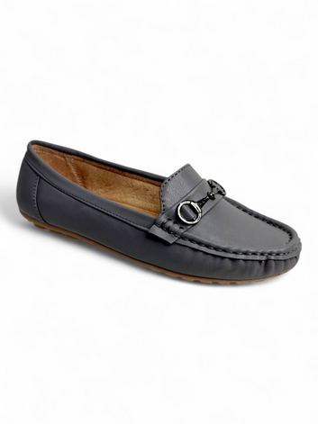 Grey Classic Loafers for Women with Metal Detail