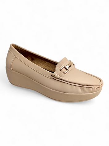 Beige Platform Loafers for Women with Metal Buckle