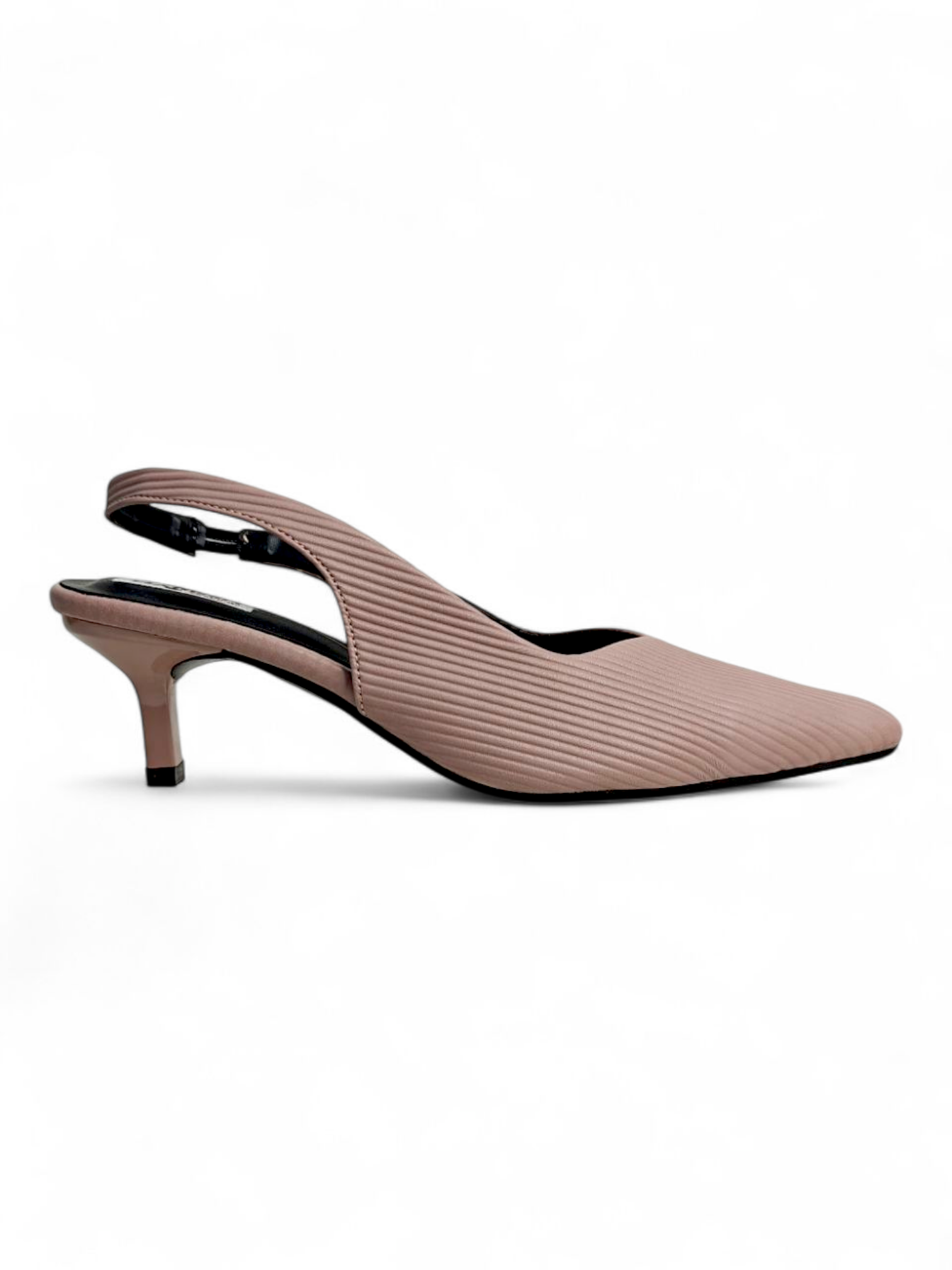 Side profile of nude women’s slingback heels with textured finish