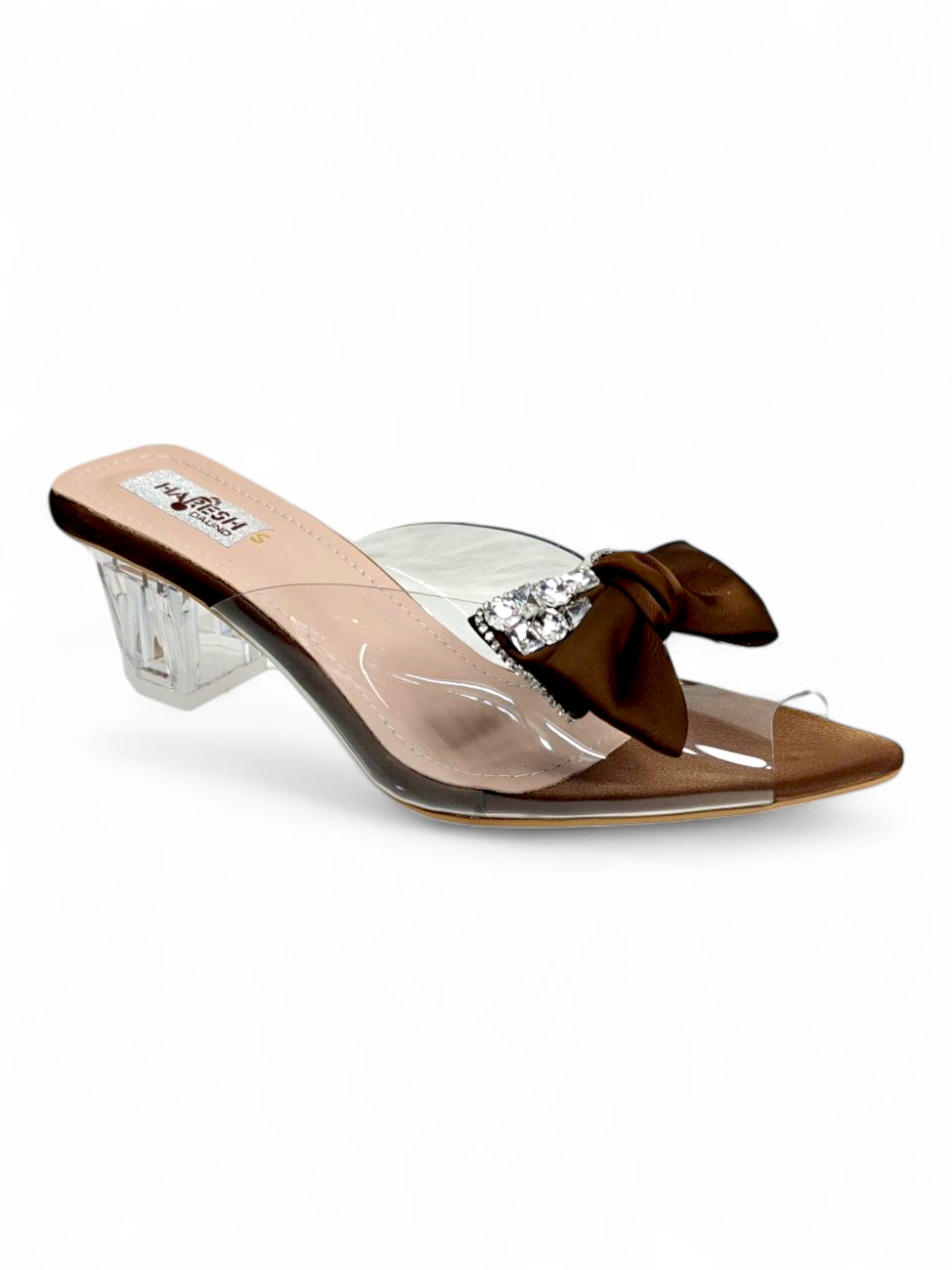 Brown bow embellished transparent strap wedge heel sandals for women
