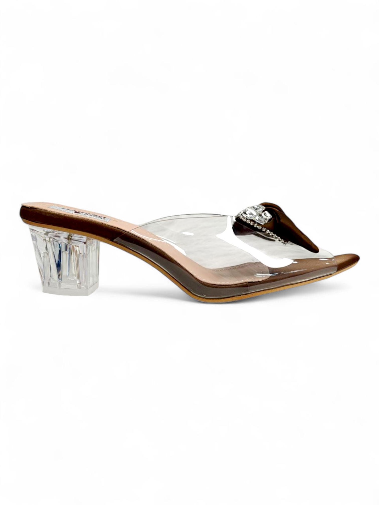 Side profile of brown women’s wedge sandals with clear strap and bow design