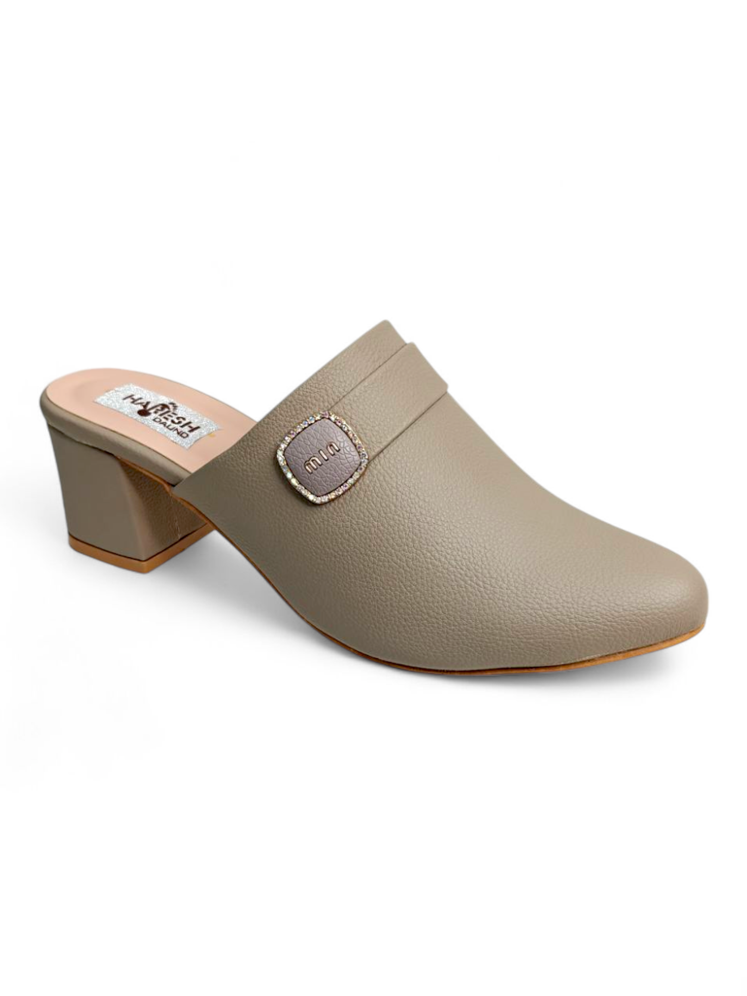Taupe closed-toe block heel mules for women with buckle detail