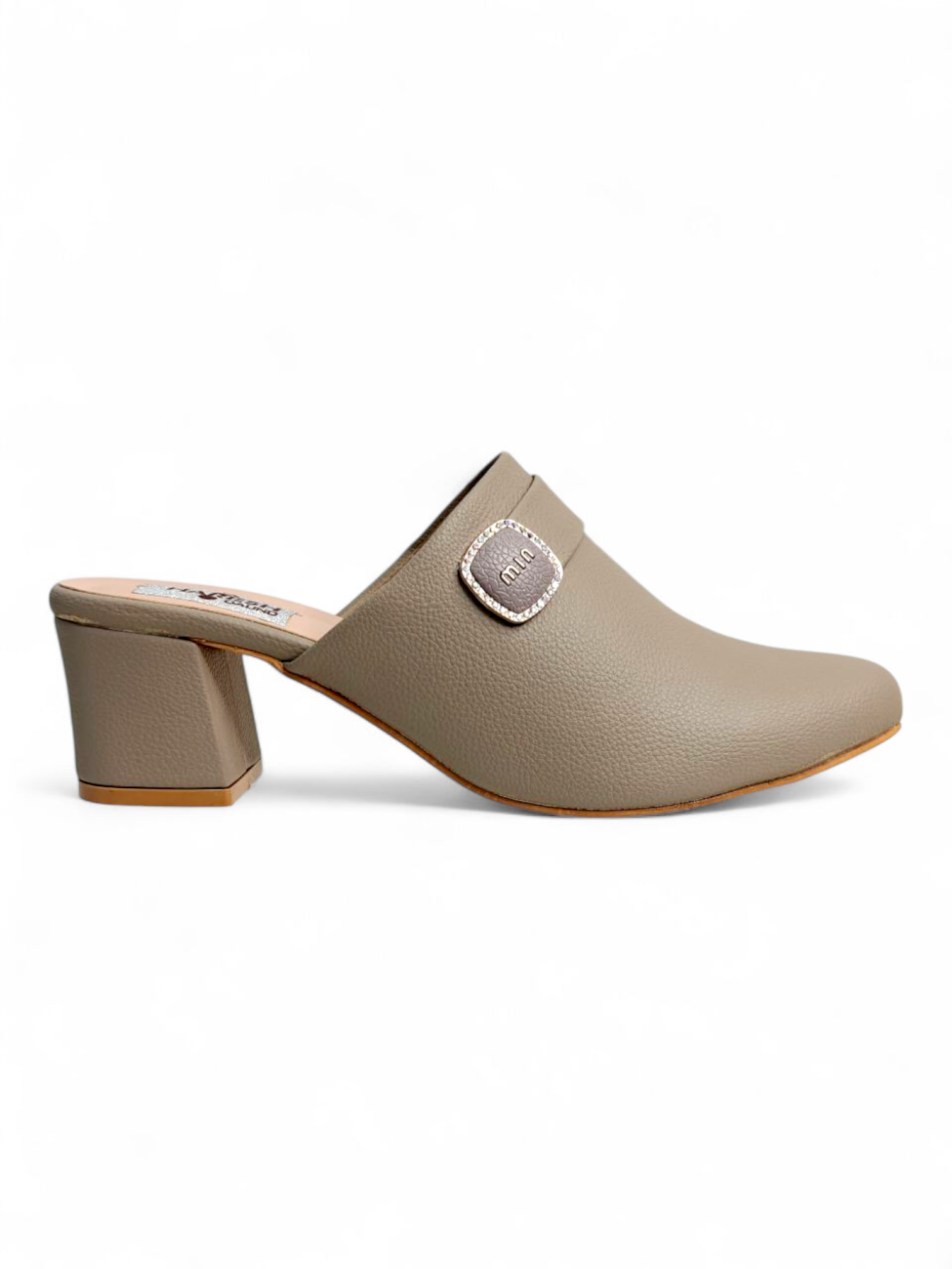 Side profile of taupe women’s block heel mules with textured finish