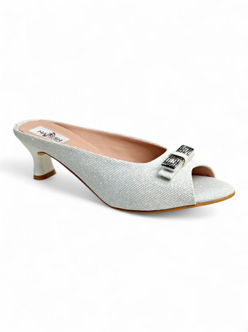 White Textured Peep-Toe Kitten Heel Sandals for Women with Buckle