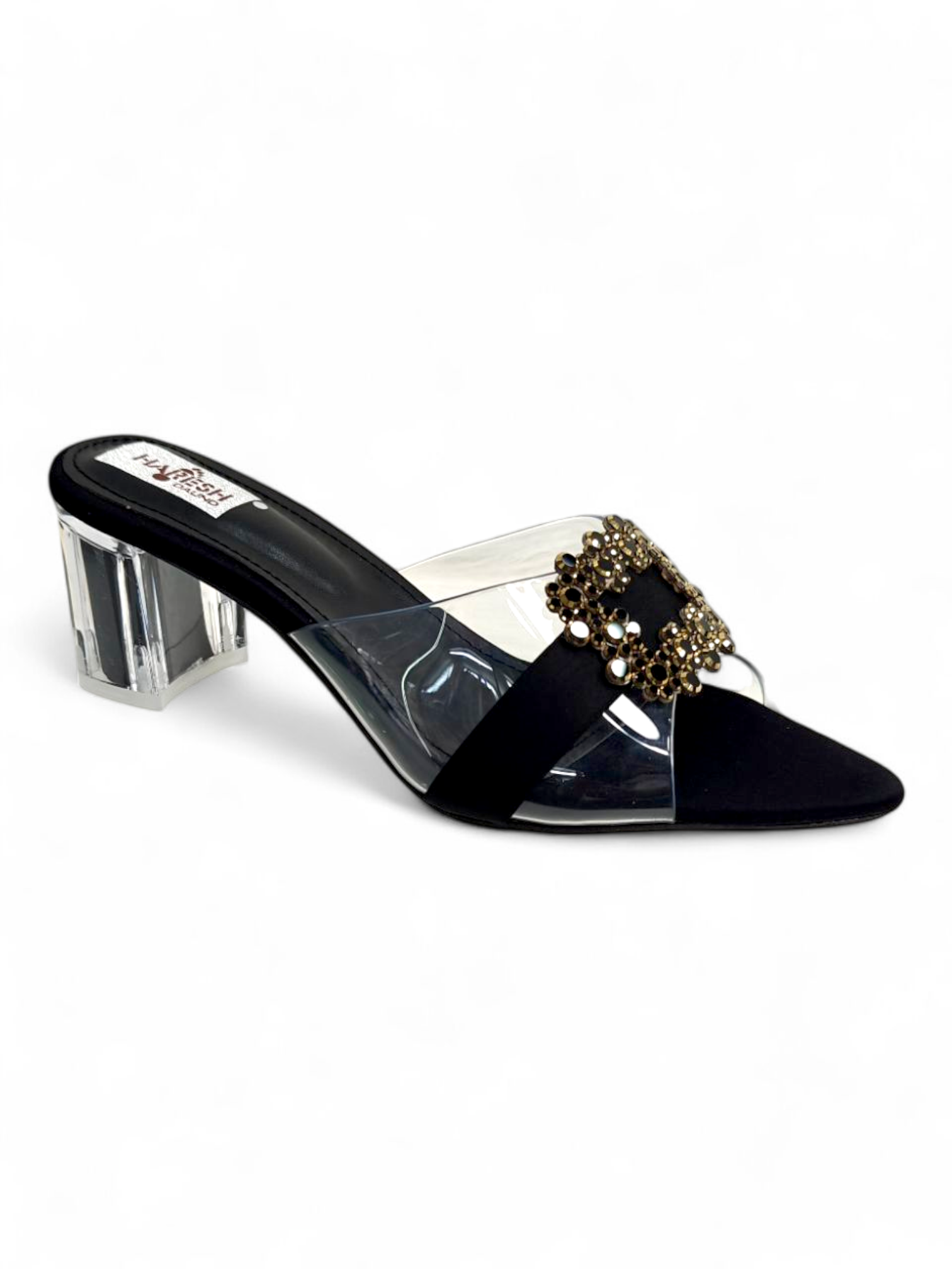 Black pointed-toe sandals with transparent strap, cross design and gold embellished buckle