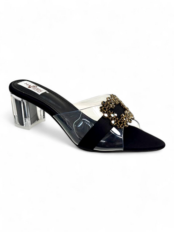Black Cross-Strap Clear Heel Sandals with Gold Embellished Buckle