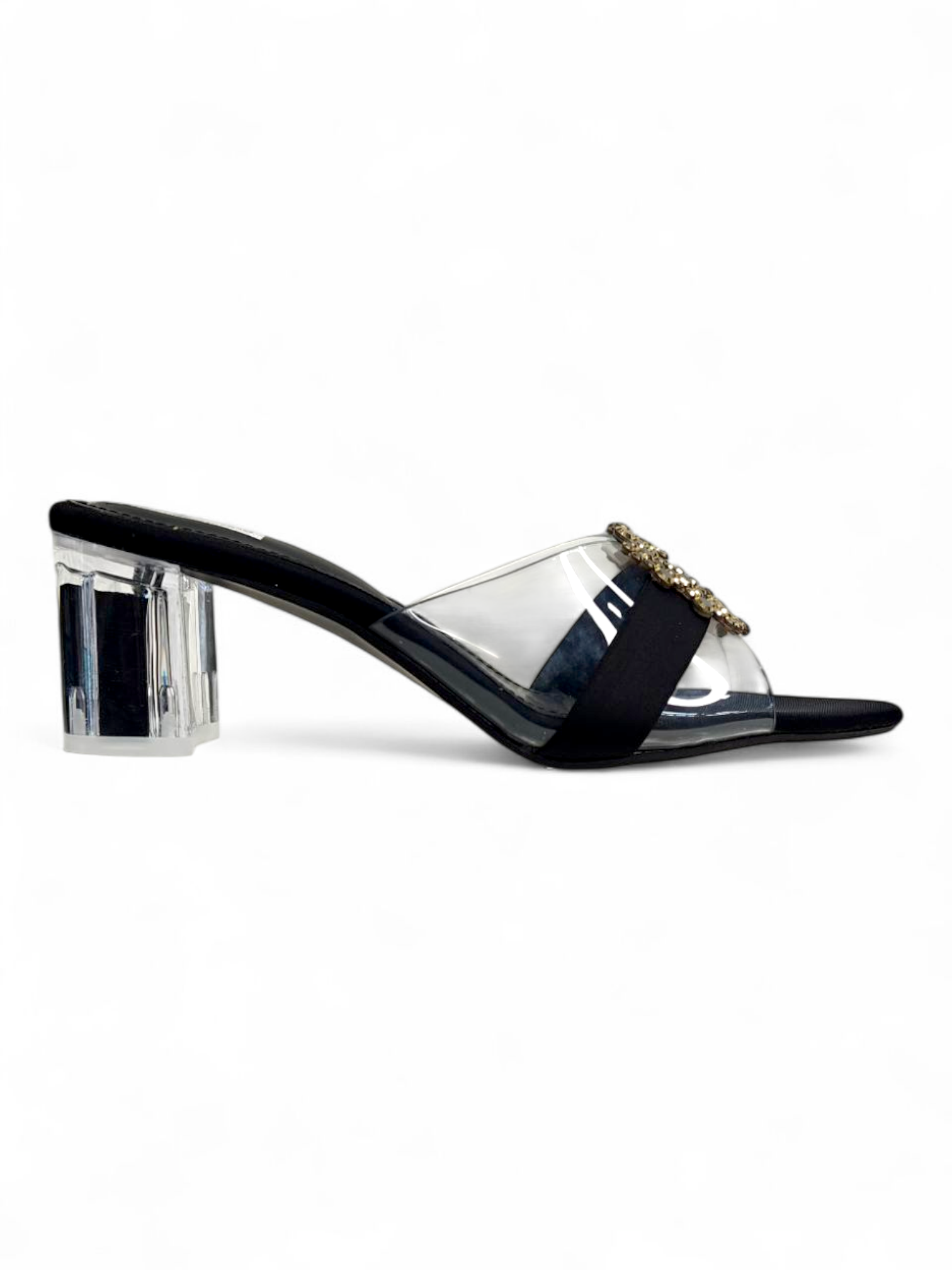 Side angle of black clear-heel sandals with cross strap and gold buckle
